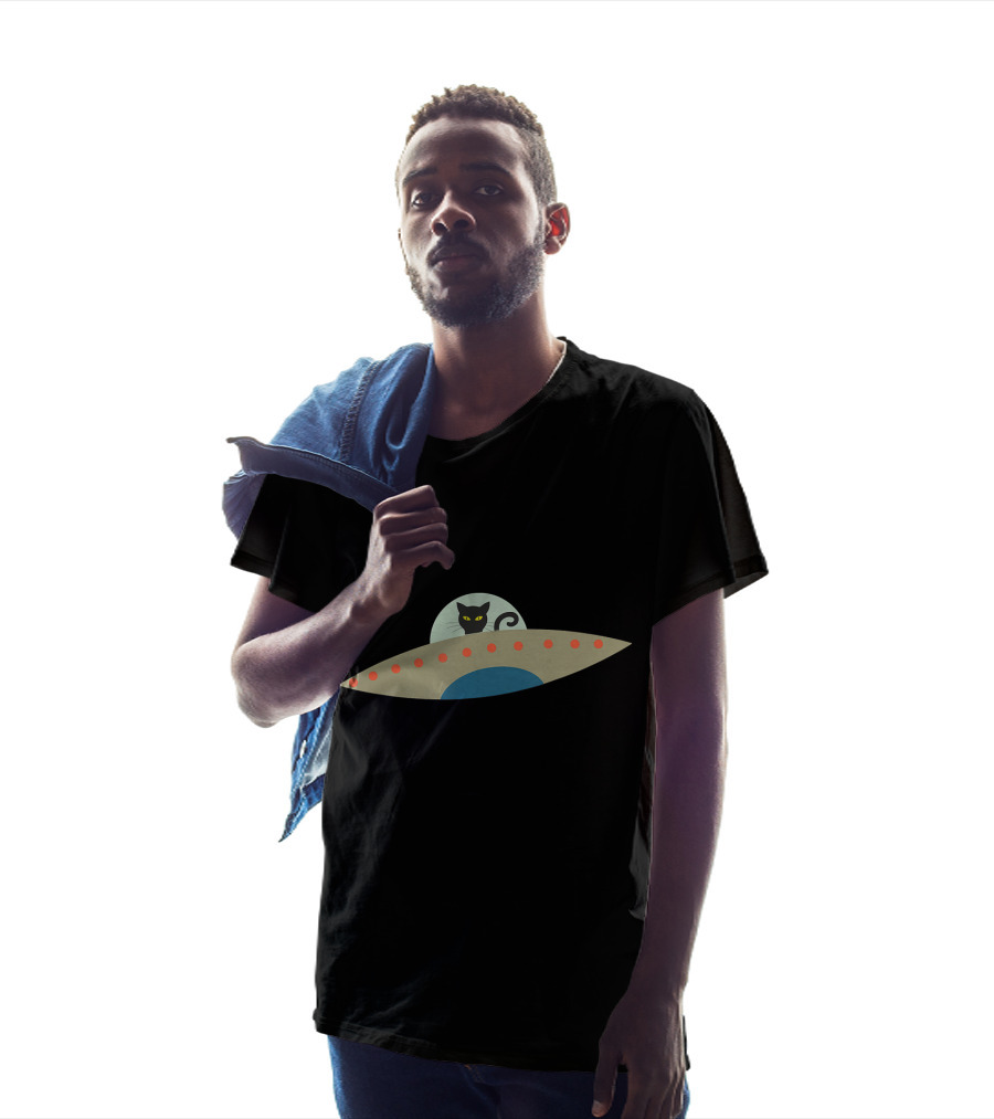 Alien Cat UFO Spaceship Black Cat T-Shirt