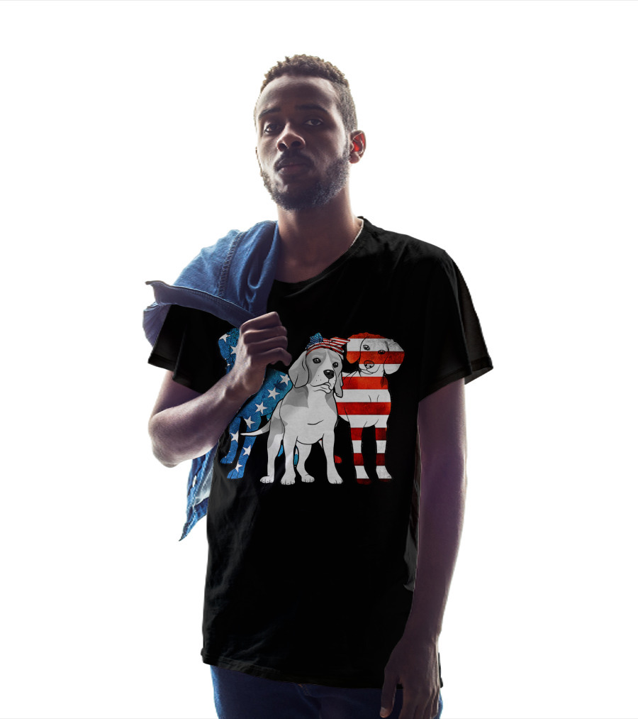 American Beagle Trio With Patriotic Stars And Stripes US Flag Motif T-Shirt