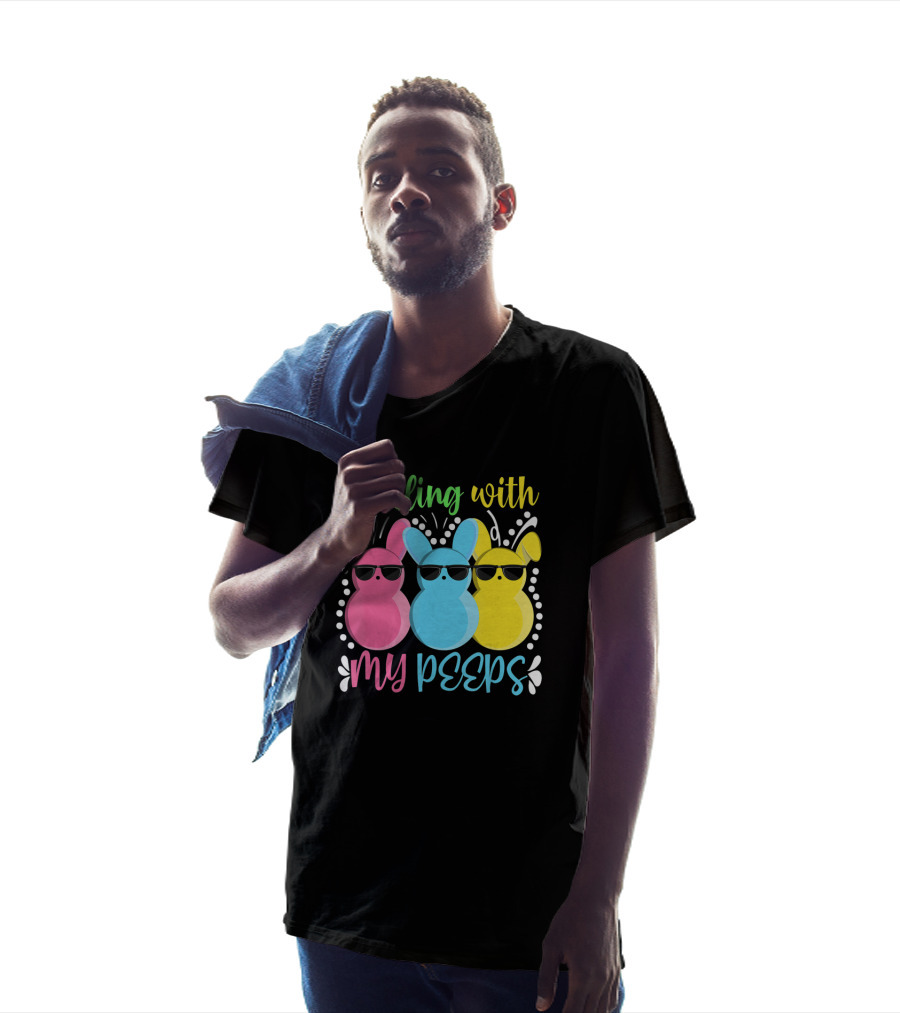 Chilling With My Peeps Easter Bunny Pink Blue Yellow Sunglasses T-Shirt