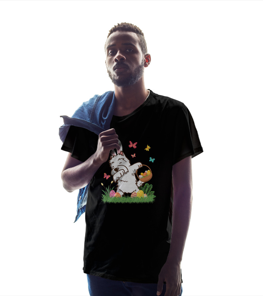 Westie Dog In Bunny Ears Dabbing With Easter Egg Basket And Butterflies T-Shirt