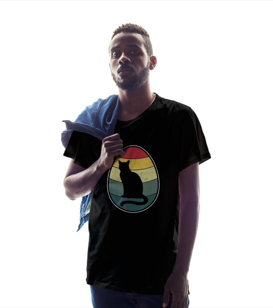 Retro Vintage Cat Silhouette In Colorful Easter Egg Stripes T-Shirt