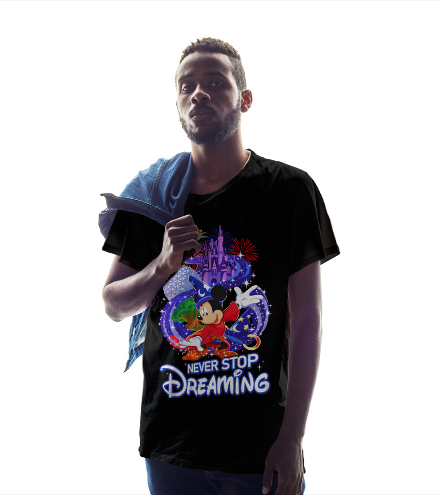 Never Stop Dreaming Mickey Sorcerer Castle Fireworks T-Shirt