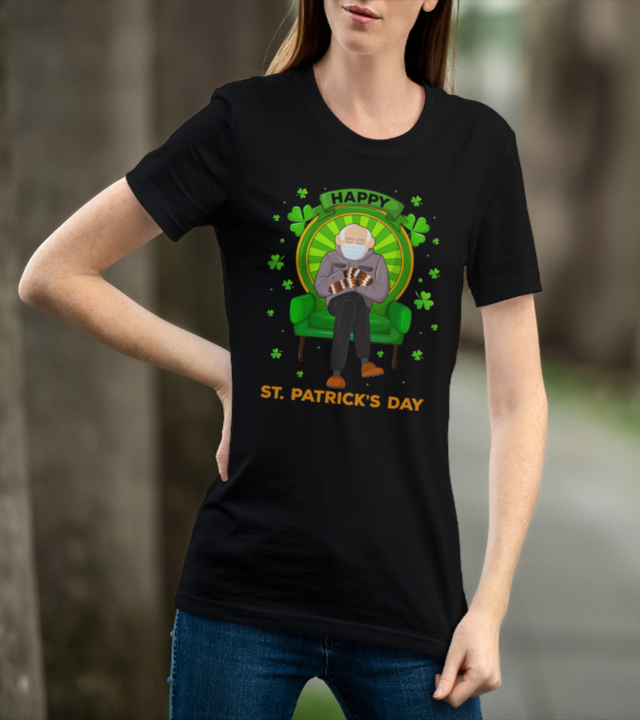 Happy St. Patrick's Day Masked Sitting Man With Mittens Surrounded By Clovers T-Shirt