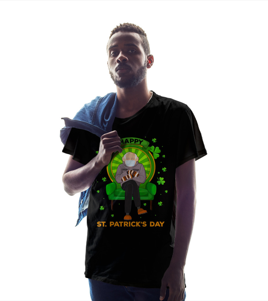 Happy St. Patrick's Day Masked Sitting Man With Mittens Surrounded By Clovers T-Shirt