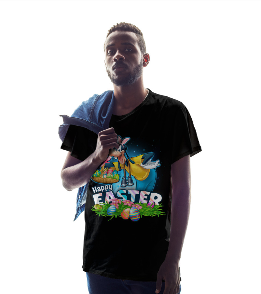 Goofy Holding Easter Basket With Happy Easter Eggs And Flowers T-Shirt