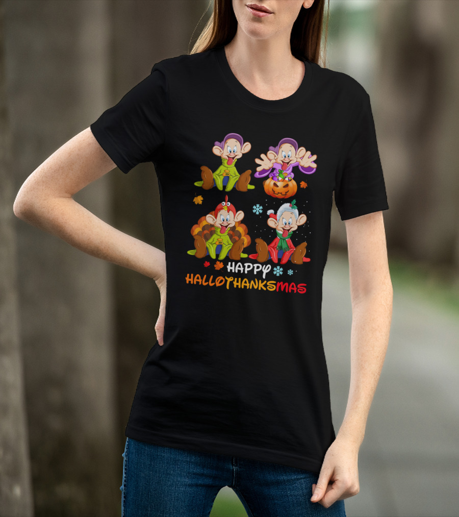 Happy Hallothanksmas Dopey Snow White Dwarfs Pumpkin Turkey Santa Hat T-Shirt