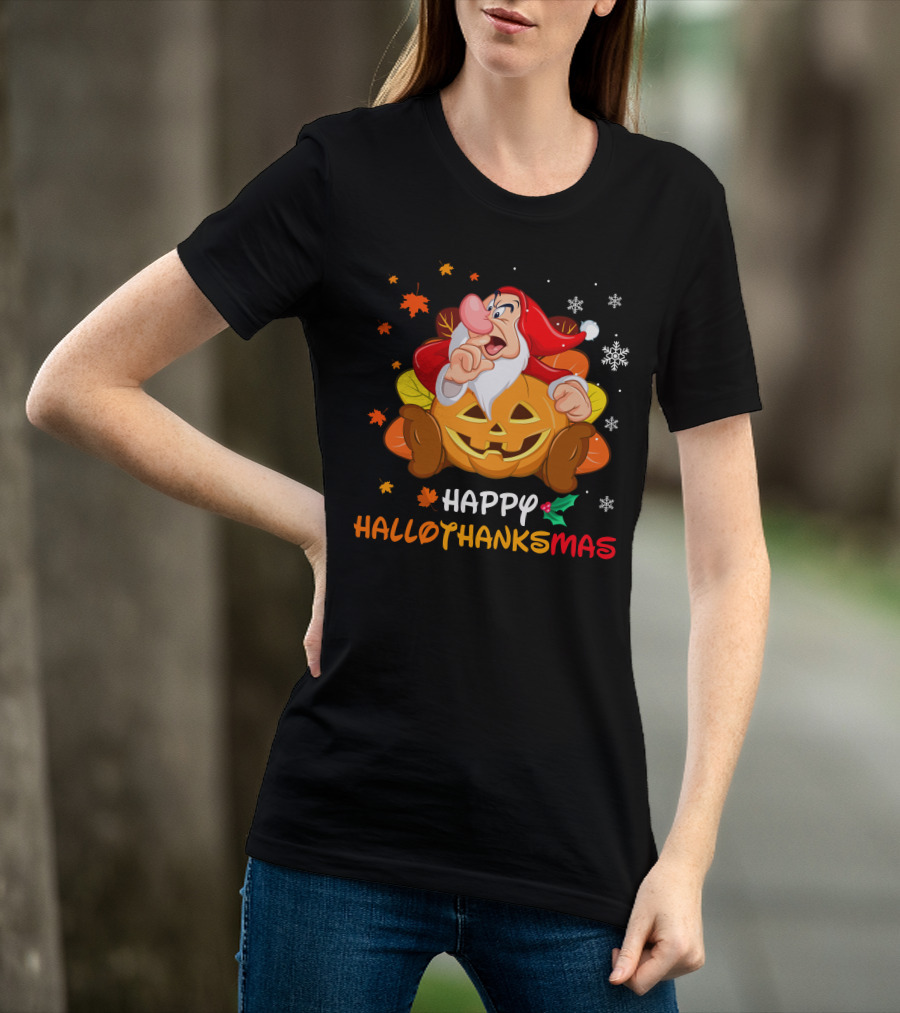 Happy Hallothanksmas Santa Dwarf With Pumpkin And Leaves T-Shirt