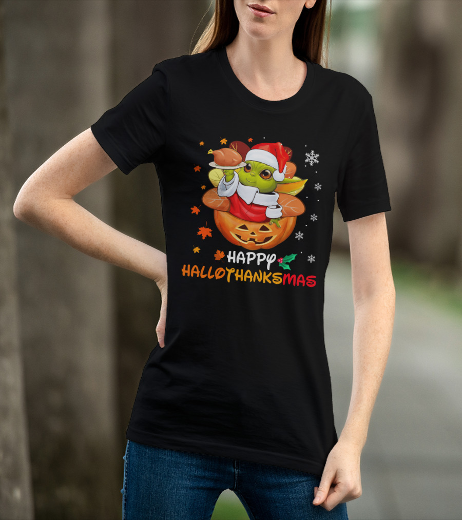 Happy Hallothanksmas Yd Santa Hat Pumpkin Turkey Snowflakes Leaves T-Shirt
