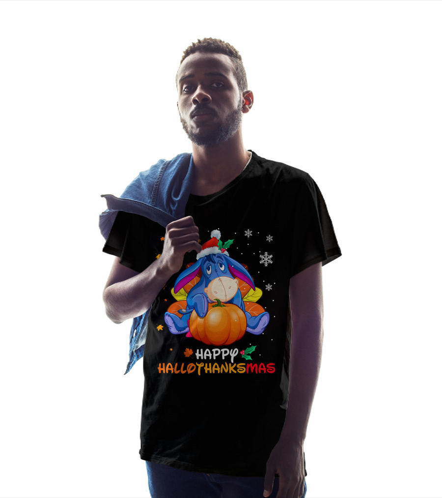 Happy Hallothanksmas Eeyore Pumpkin Santa Hat Snowflakes T-Shirt
