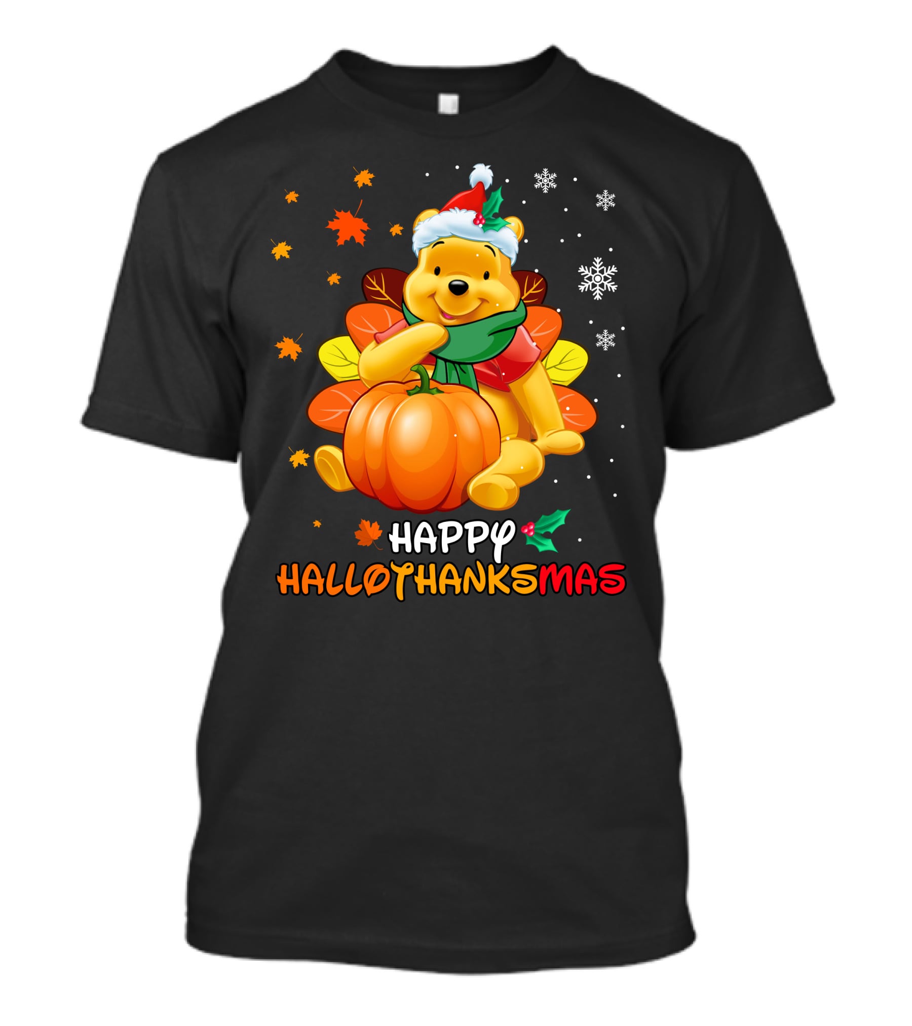 Happy Hallothanksmas Winnie Pumpkin Santa Hat Snowflakes T-Shirt