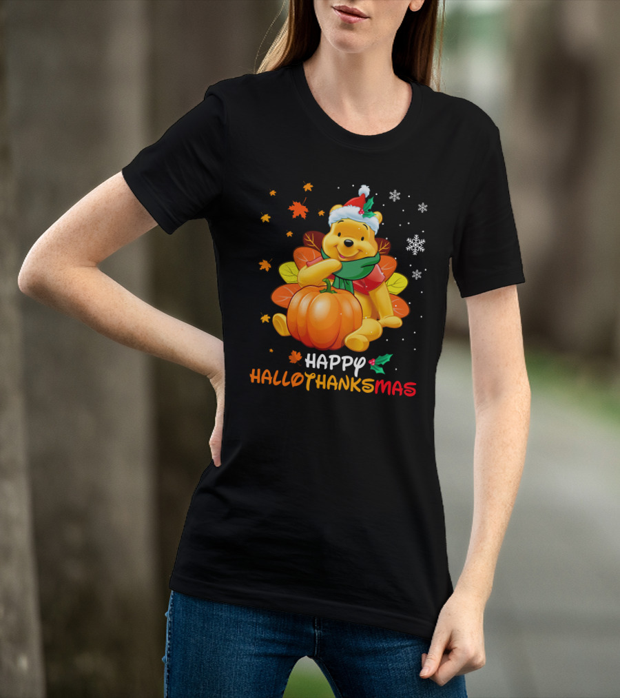 Happy Hallothanksmas Winnie Pumpkin Santa Hat Snowflakes T-Shirt