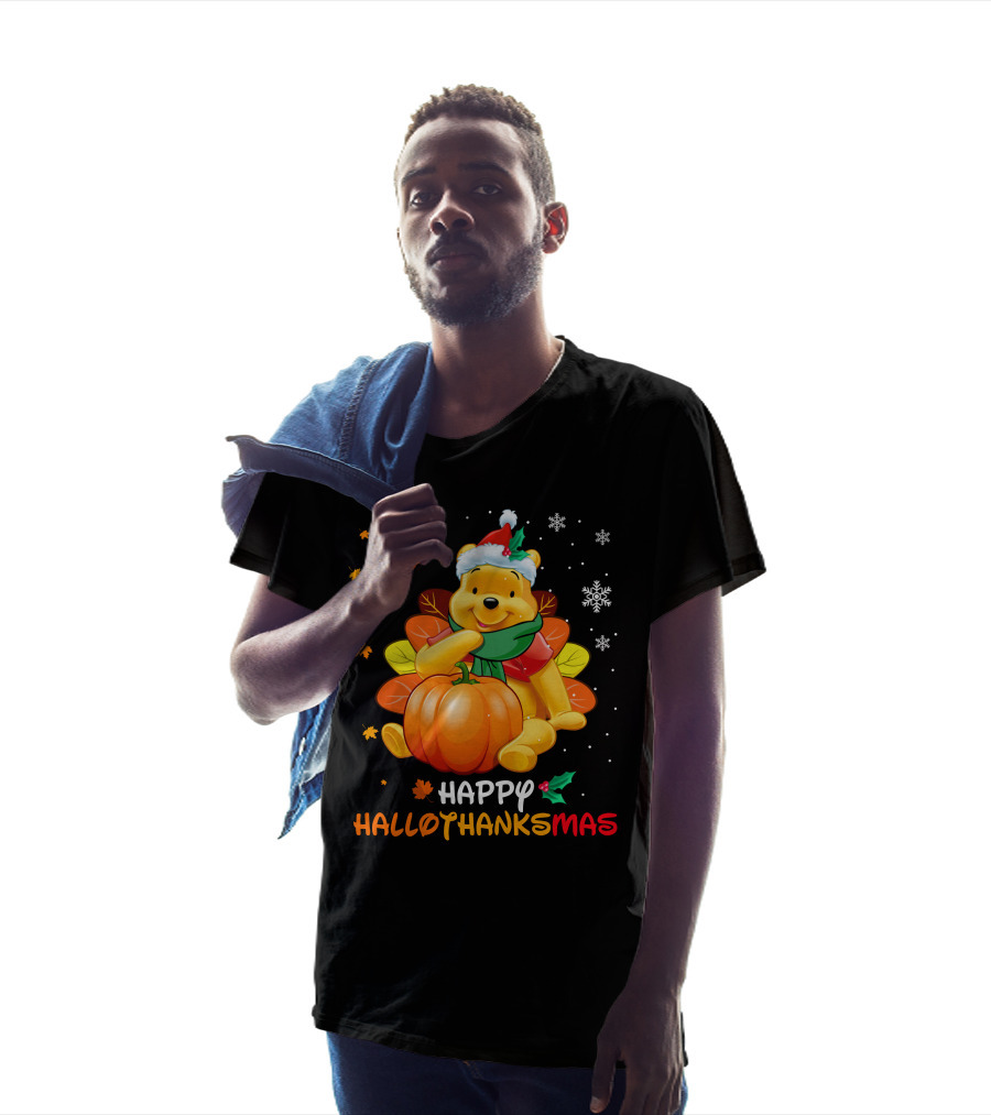 Happy Hallothanksmas Winnie Pumpkin Santa Hat Snowflakes T-Shirt