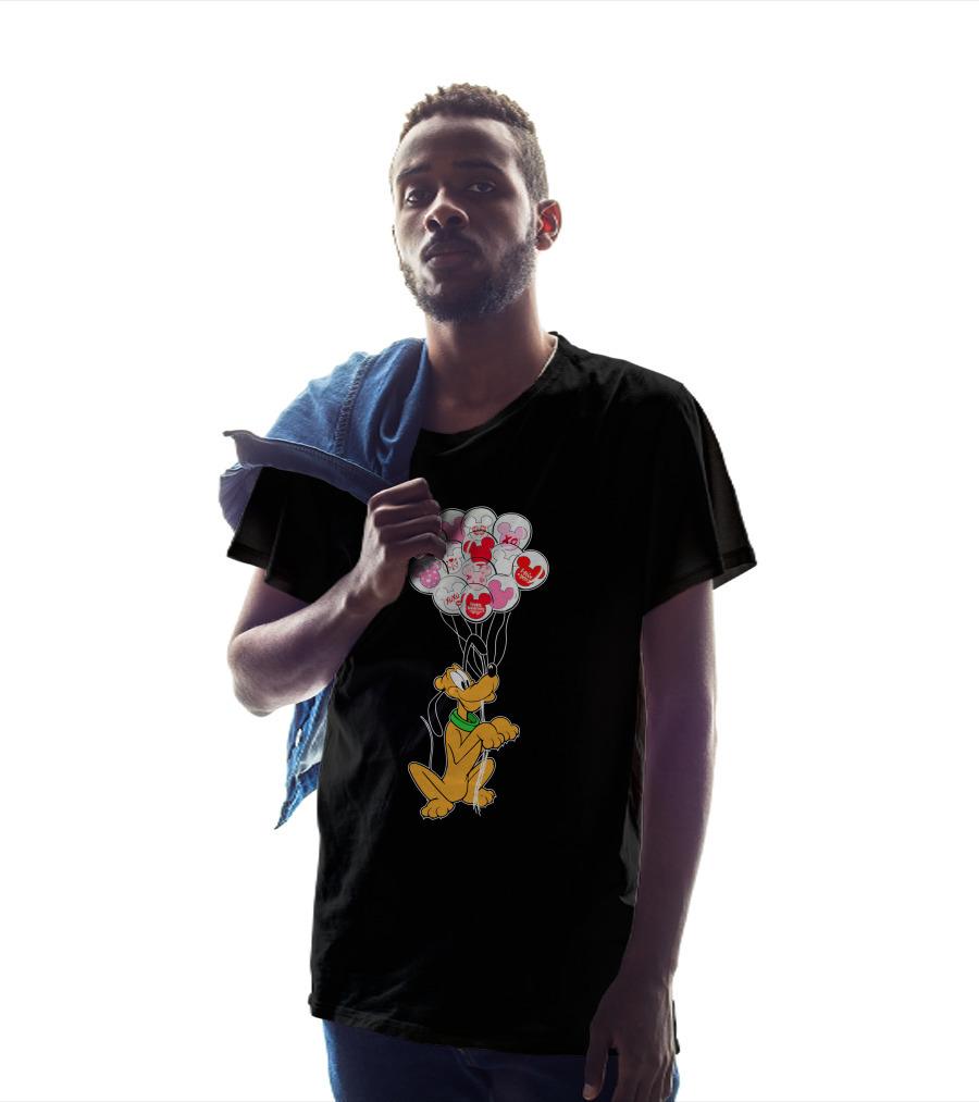 Pluto Holding Mickey And Minnie Balloons With Hearts And Xo Patterns T-Shirt