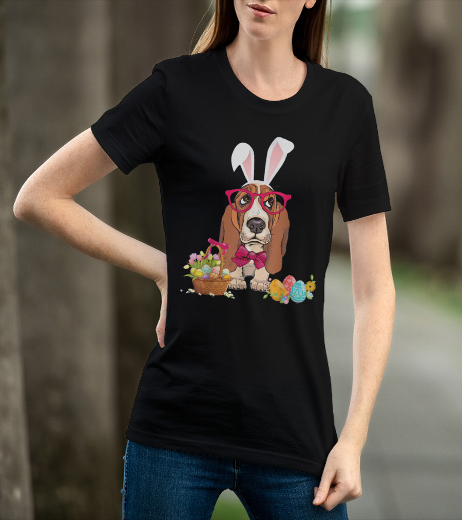 Basset Hound Bunny Rabbit With Glasses And Easter Egg Basket T-Shirt