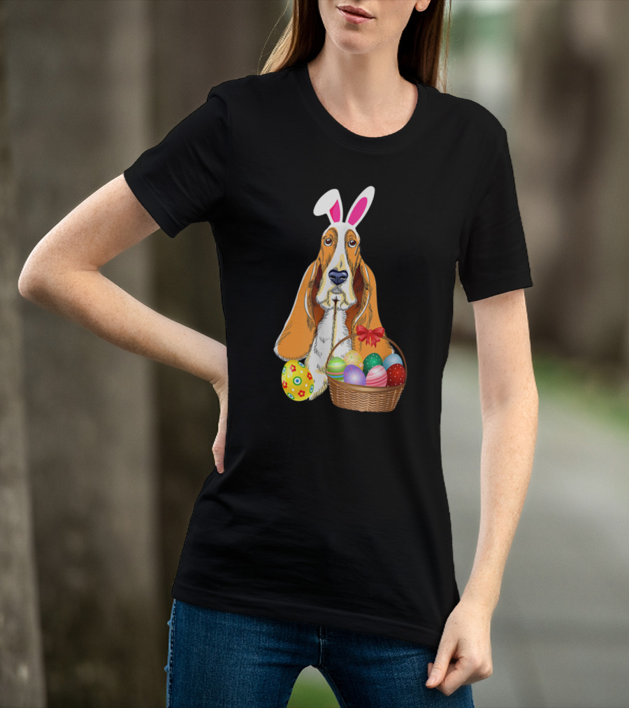 Basset Hound Bunny Rabbit Hat With Easter Eggs Basket T-Shirt