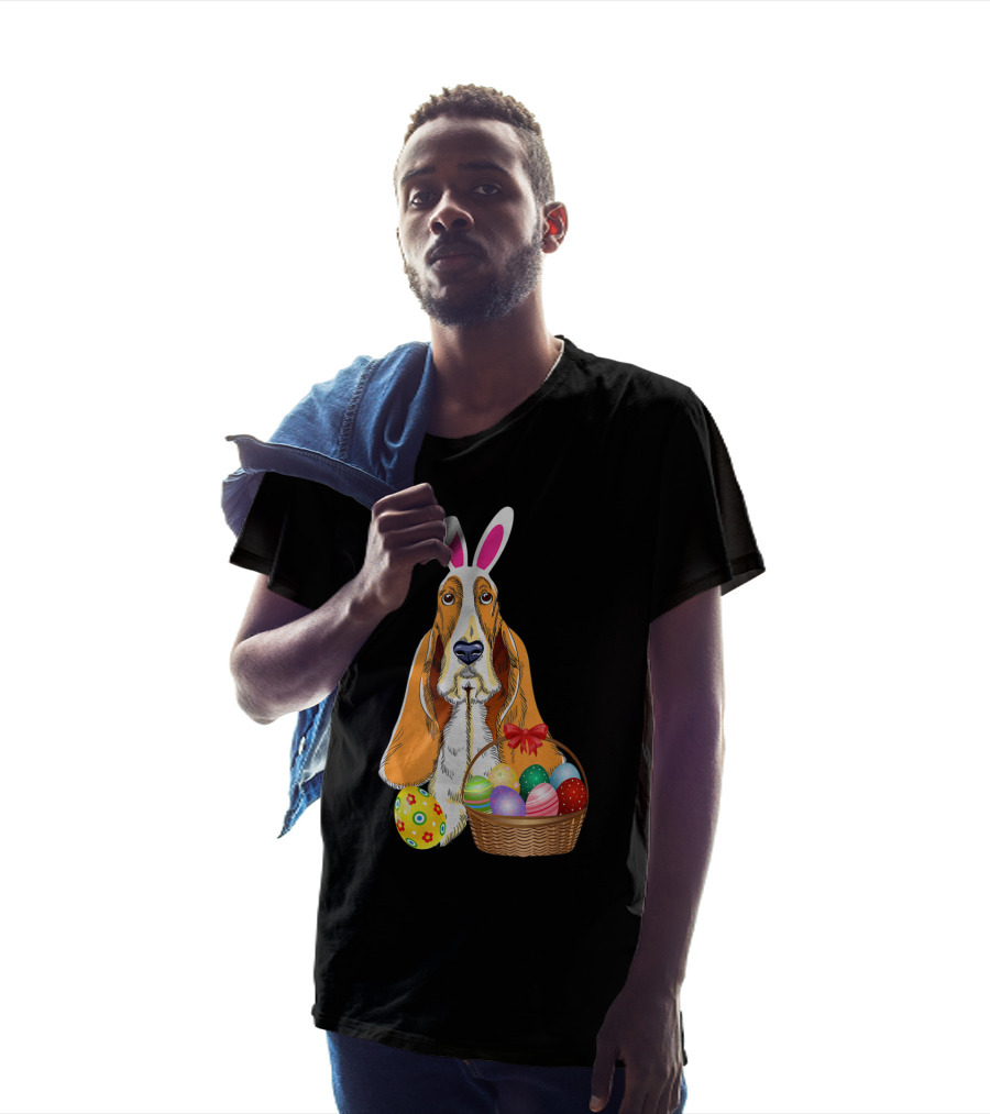Basset Hound Bunny Rabbit Hat With Easter Eggs Basket T-Shirt