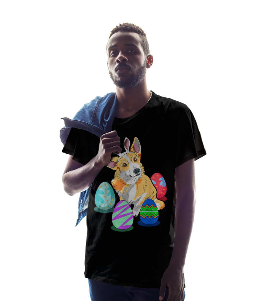 Cute Easter Corgi With Colorful Easter Eggs And Bunny Ears T-Shirt