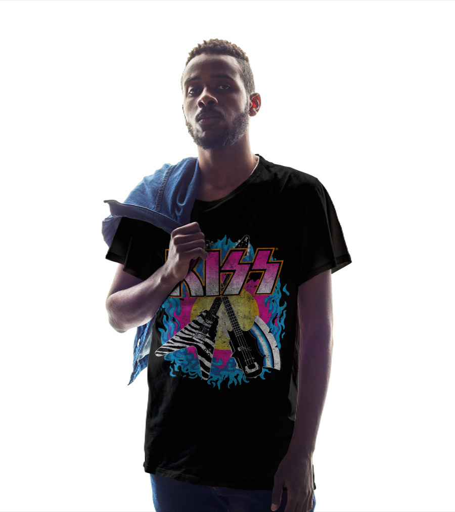 KISS Young Wasted Zebra Stripe Flying V And Bass With Flaming Background T-Shirt