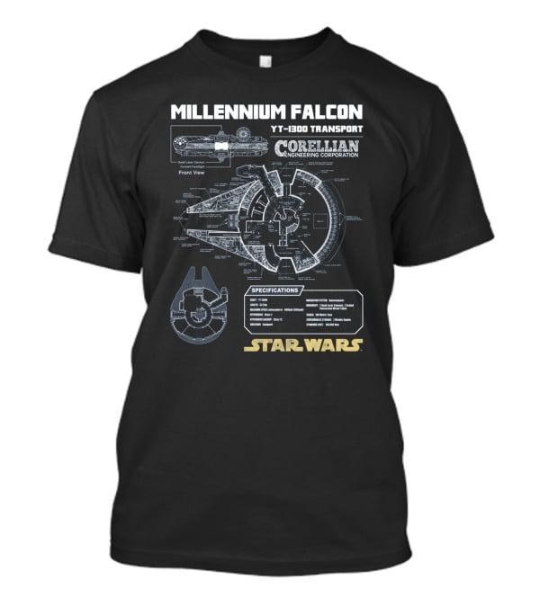 Millennium Falcon Yt-1300 Transport Corellian Engineering Corporation Specifications Star Wars T-Shirt