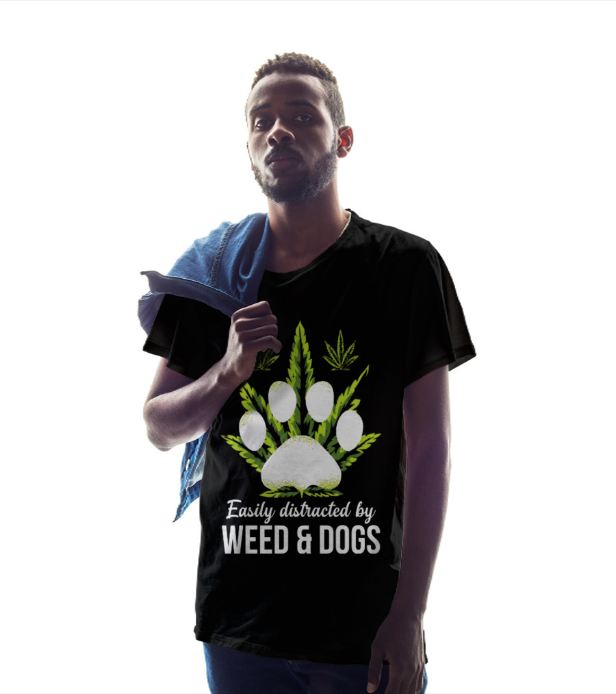 Easily Distracted By Weed And Dogs With Paw And Cannabis Leaves T-Shirt