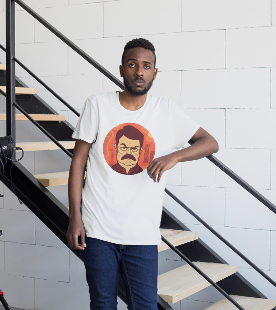 Ron Swanson Bacon And Steak Mustache Orange Circle T-Shirt