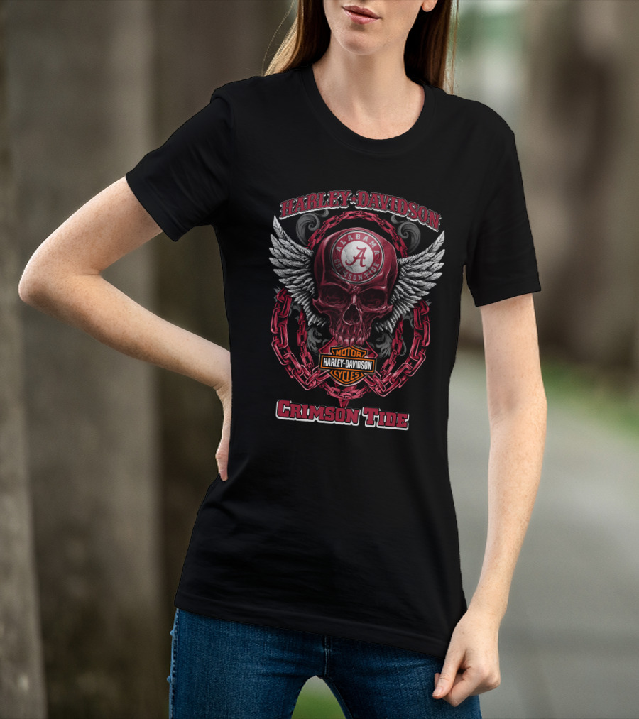 Harley Davidson Alabama Crimson Tide Skull Wings Motor Cycles T-Shirt