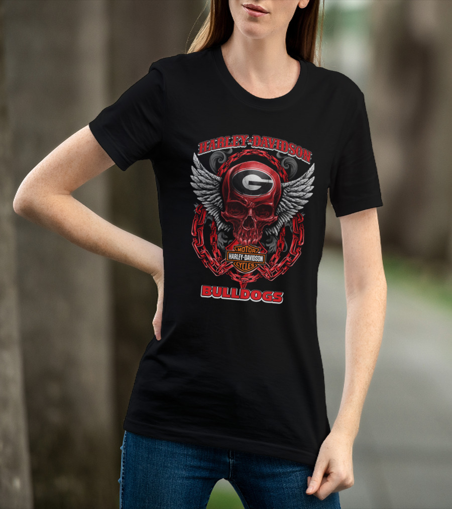 Harley Davidson Georgia Bulldogs Skull With Wings And Chains T-Shirt