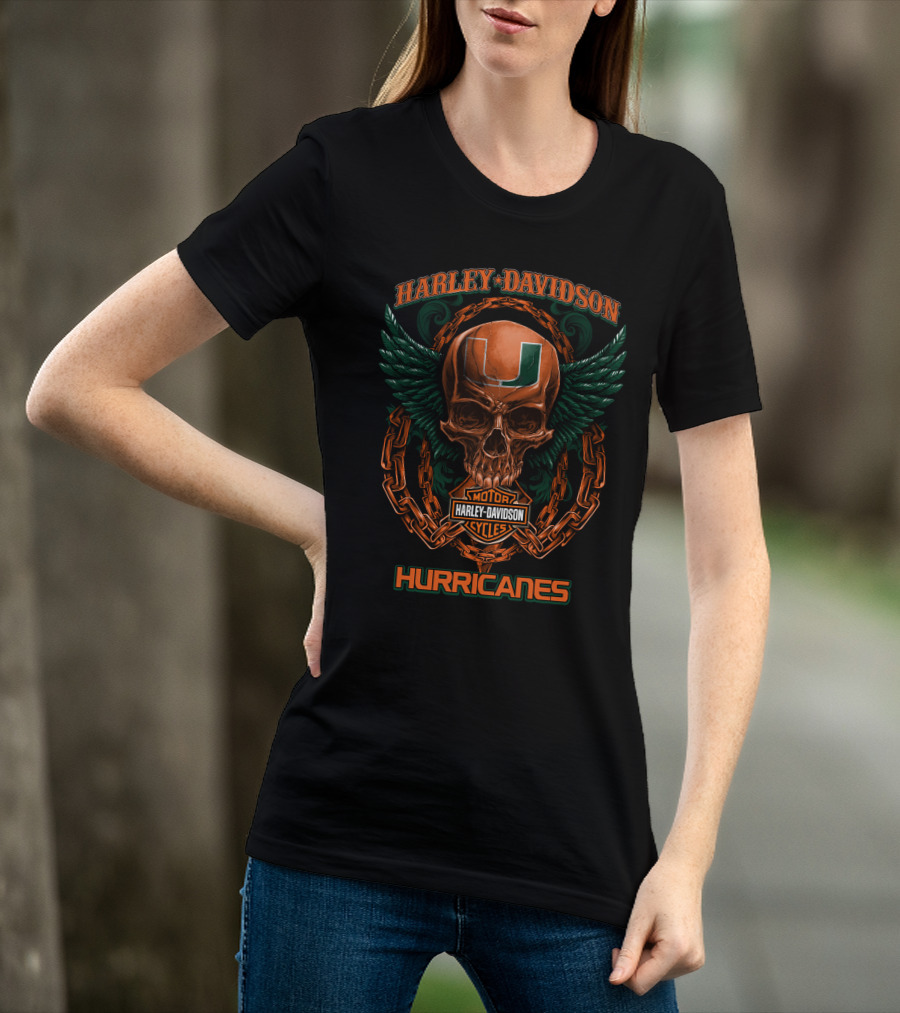 Harley Davidson Miami Hurricanes Skull Wing Motor Cycles T-Shirt