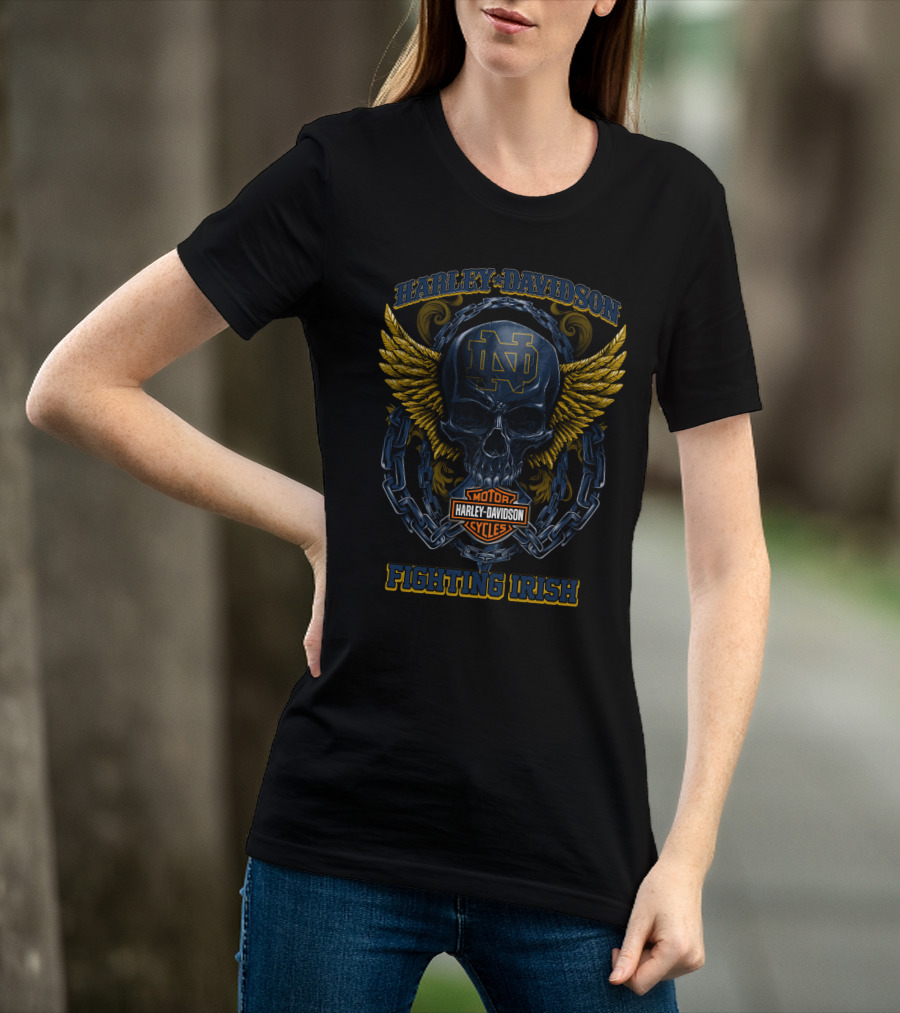 Harley Davidson Motorcycle Notre Dame Fighting Irish Skull Wings T-Shirt