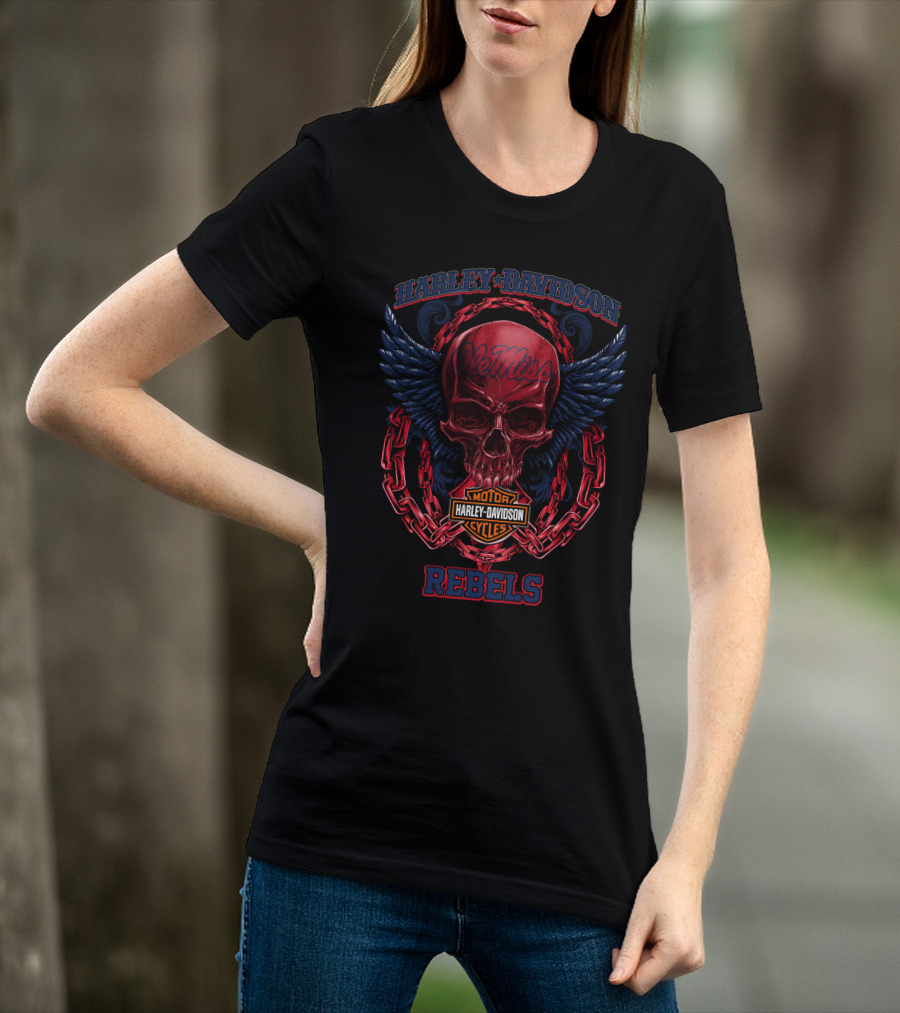 Harley Davidson Ole Miss Rebels Skull Wings Chains T-Shirt