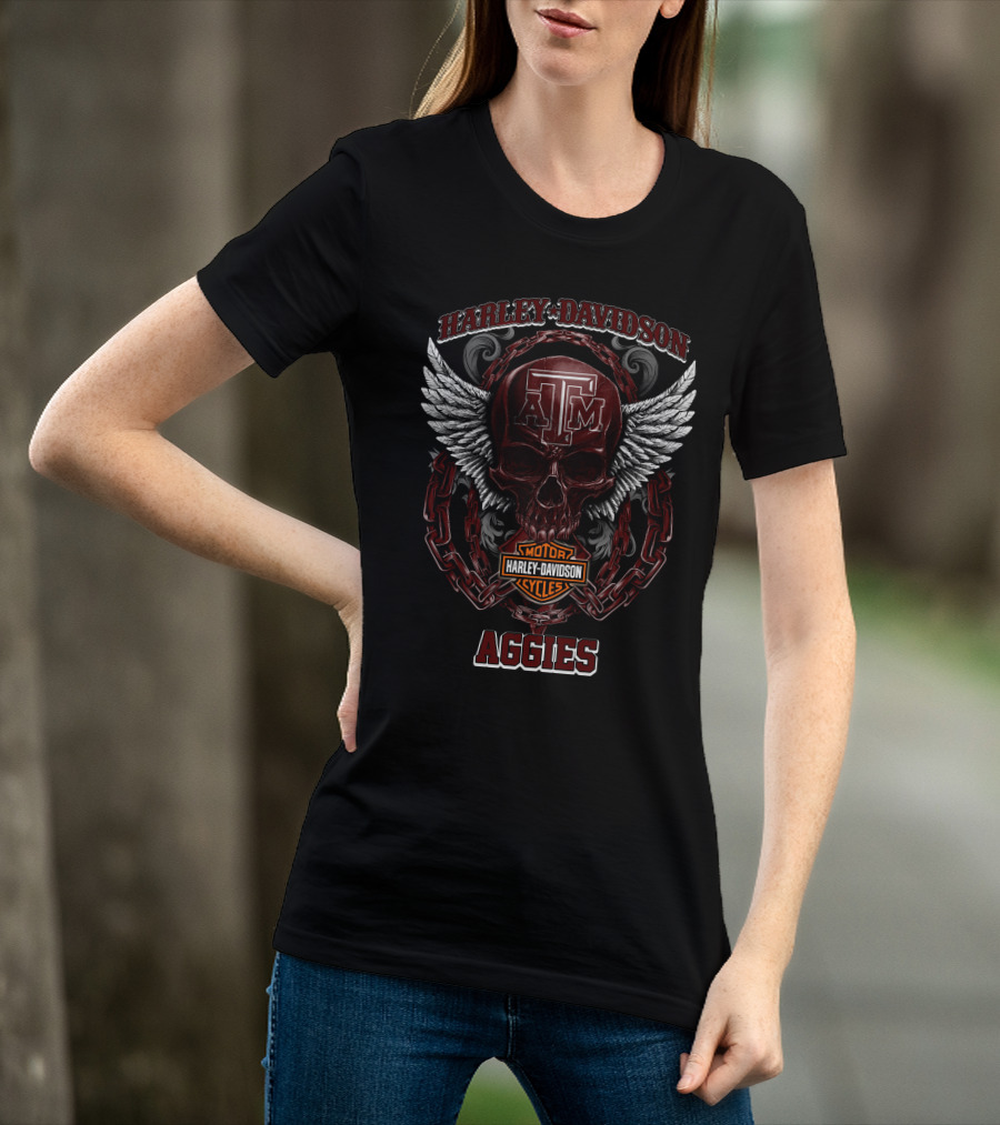 Harley Davidson Texas A&M Aggies Motorcycles Logo With Skull And Wings T-Shirt