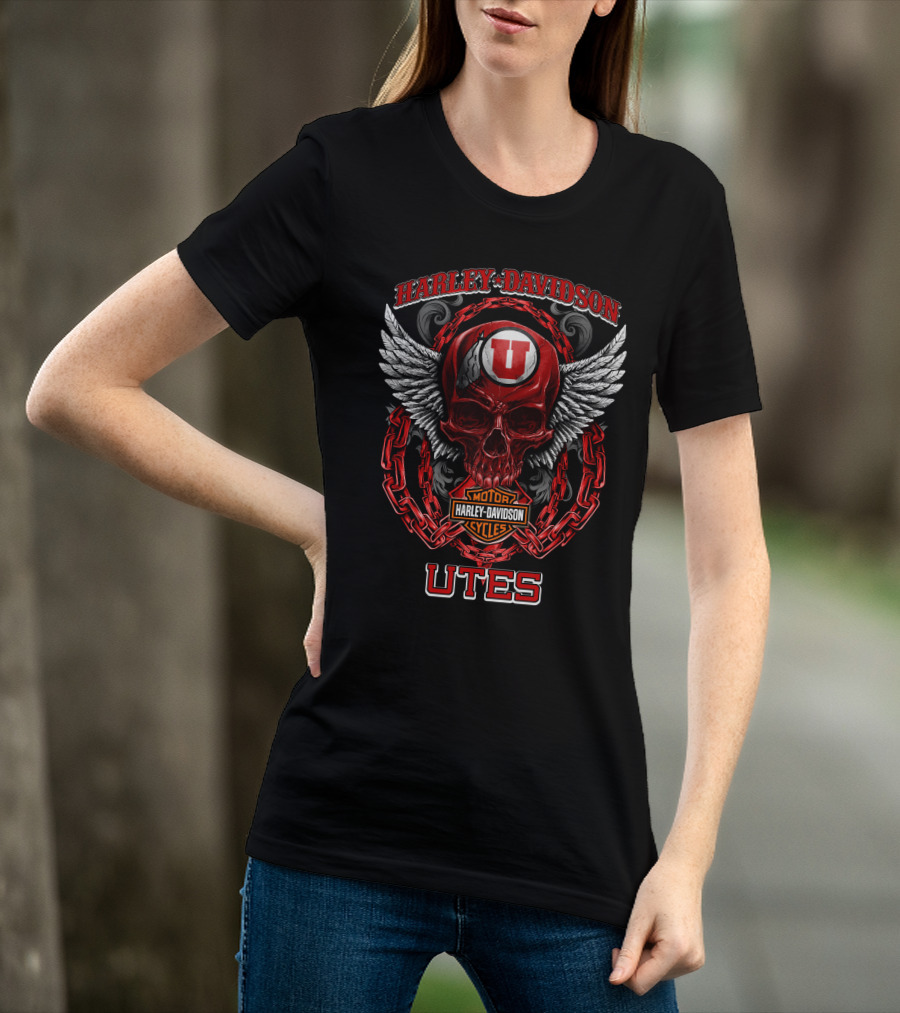 Harley Davidson Utah Utes Red Skull Wings Chains T-Shirt