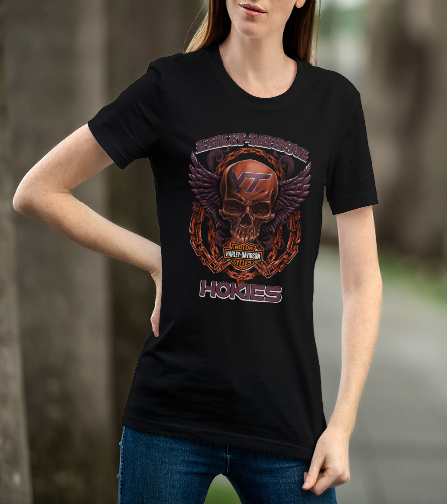 Harley Davidson Vt Motorcycles Hokies Skull Chain Wings T-Shirt