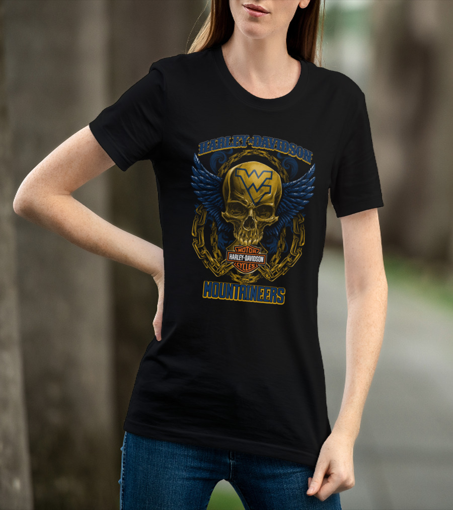 Harley Davidson West Virginia Mountaineers Motorcycles Skull Wings T-Shirt