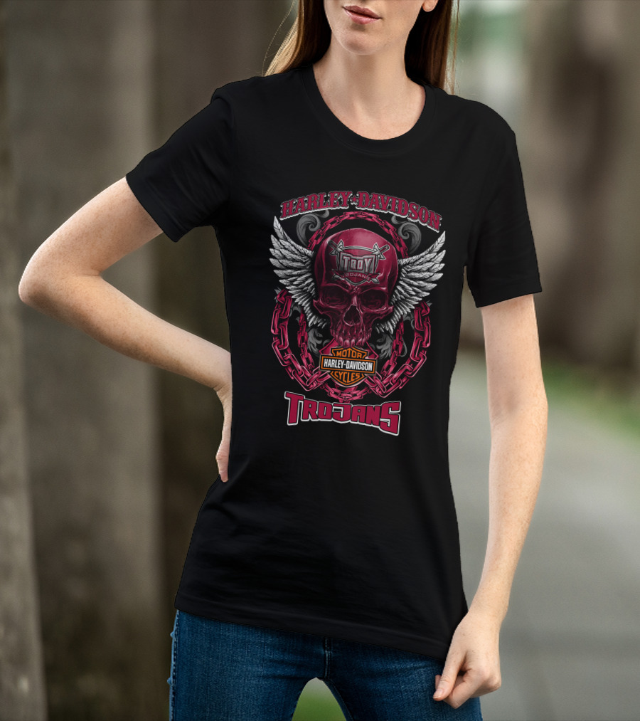 Harley Davidson Troy Trojans Motorcycles Skull With Wings And Chains T-Shirt