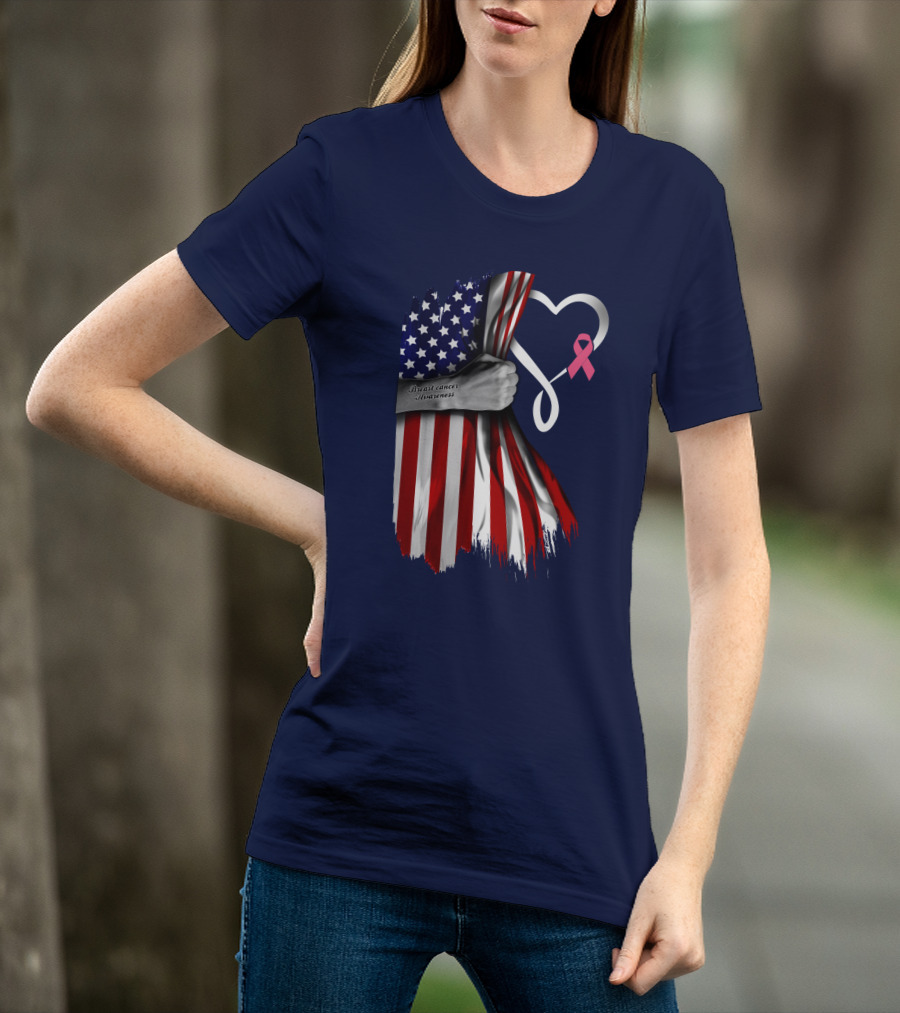 Breast Cancer Awareness American Flag Heart T-Shirt