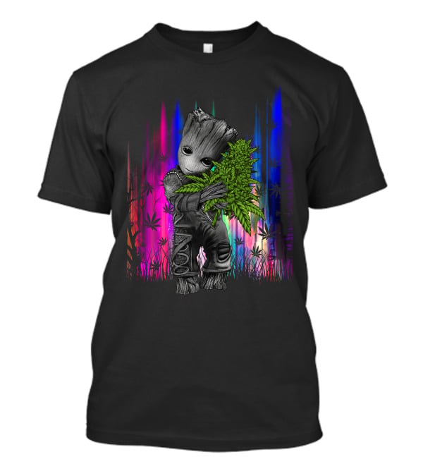 Love Hug Groot Cannabis Hugging Rainbow Background T-Shirt