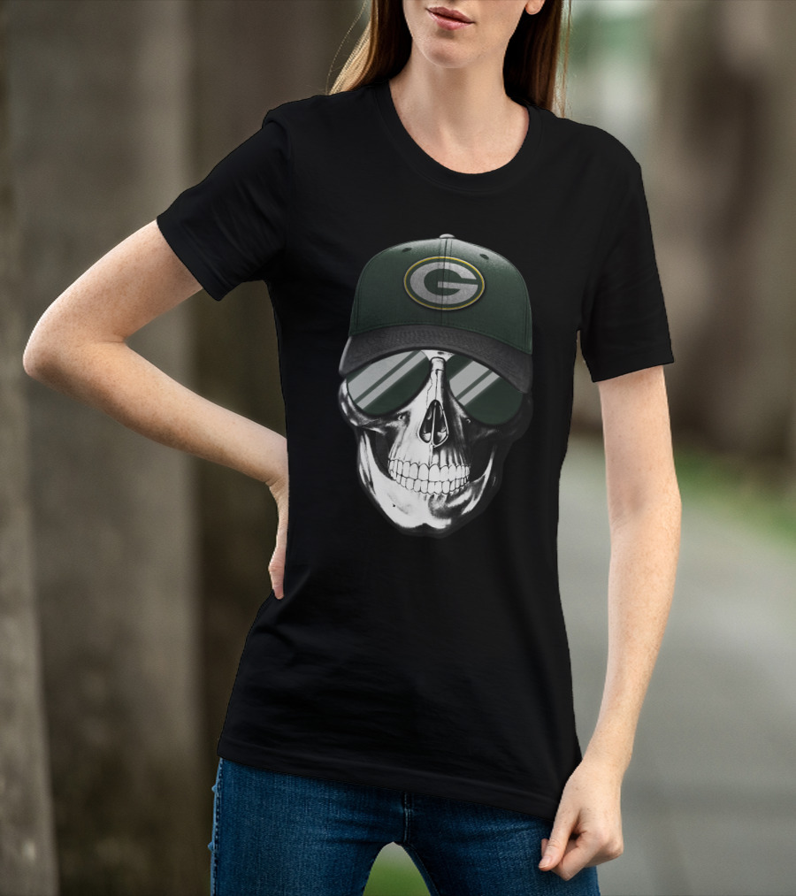 Skull Wearing Green Bay Packers Cap With Sunglasses T-Shirt