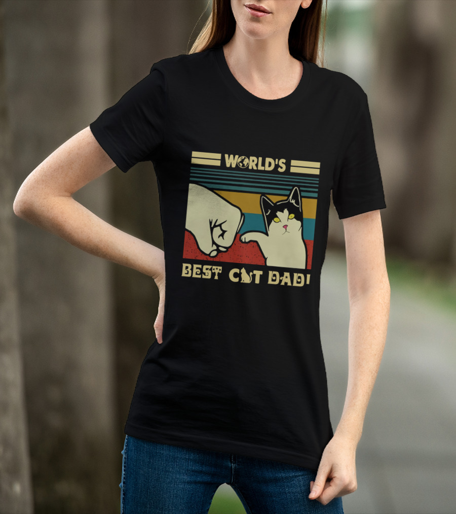 World's Best Cat Dad Fist Bump Retro Stripe T-Shirt