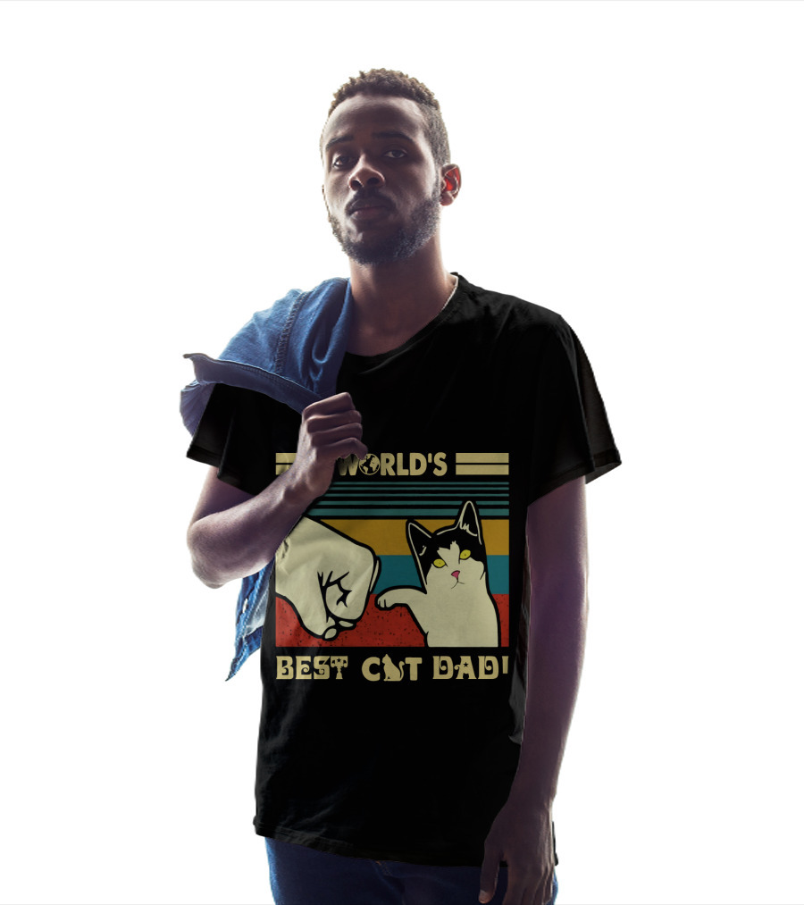 World's Best Cat Dad Fist Bump Retro Stripe T-Shirt
