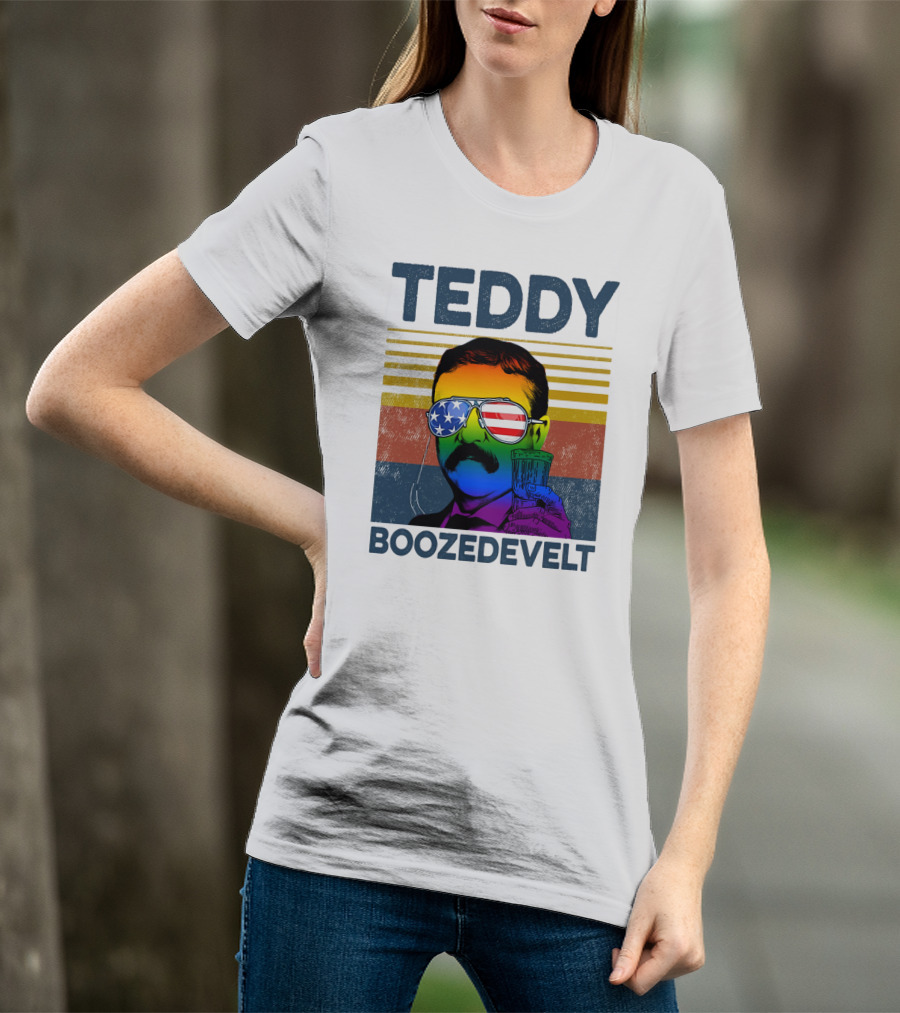 Teddy Boozedvelt Rainbow American Flag Sunglasses Beer Drink T-Shirt