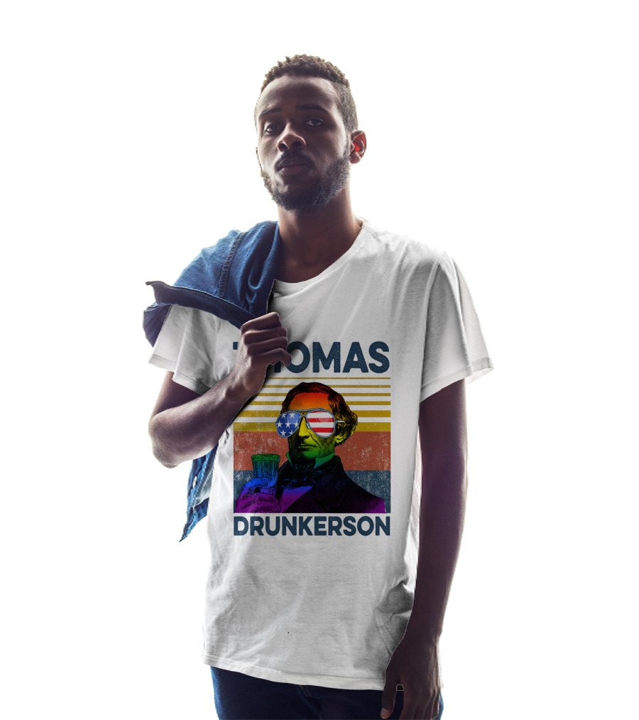 THOMAS DRUNKERSON USA Flag Sunglasses Drinking Beer T-Shirt