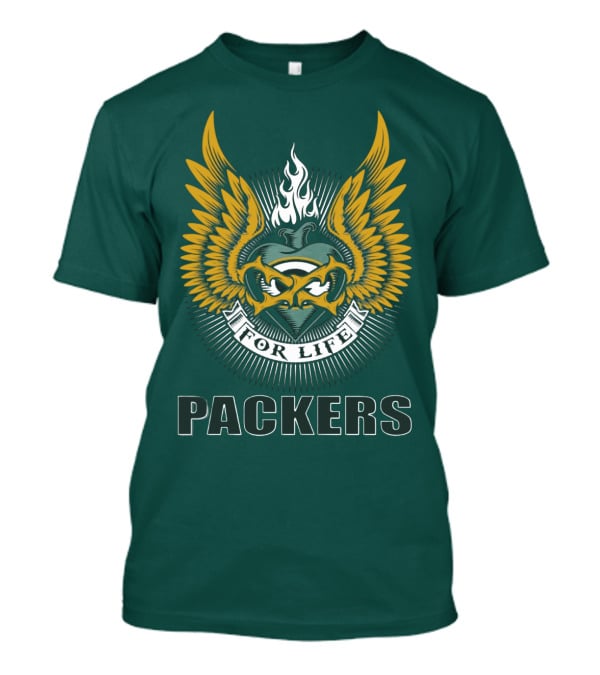 Packers For Life Green Bay Packers Emblem With Wings And Flame T-Shirt