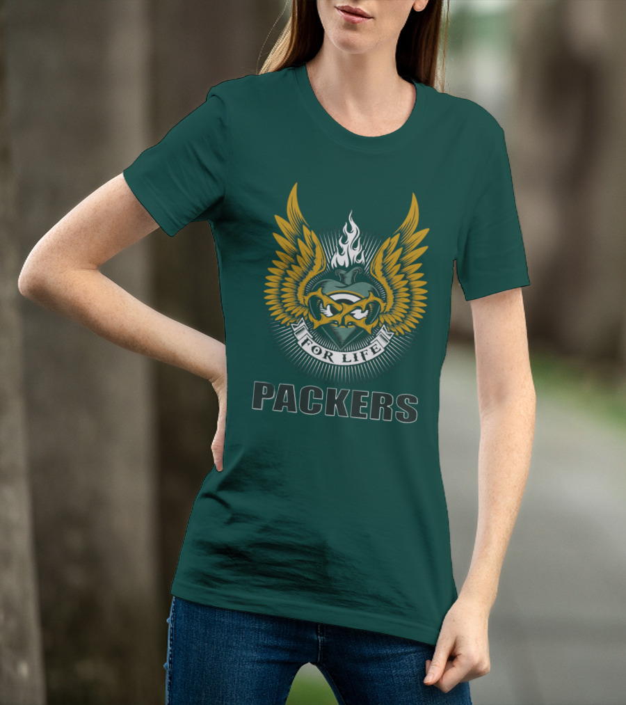 Packers For Life Green Bay Packers Emblem With Wings And Flame T-Shirt
