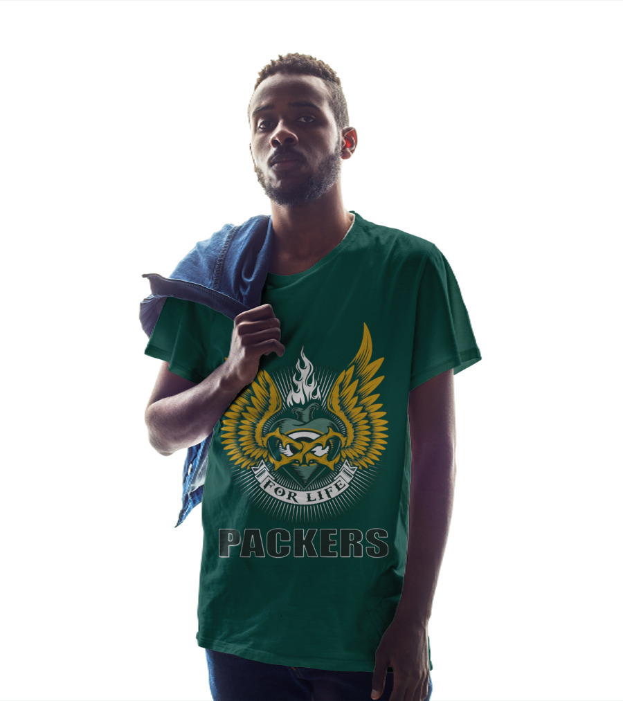 Packers For Life Green Bay Packers Emblem With Wings And Flame T-Shirt