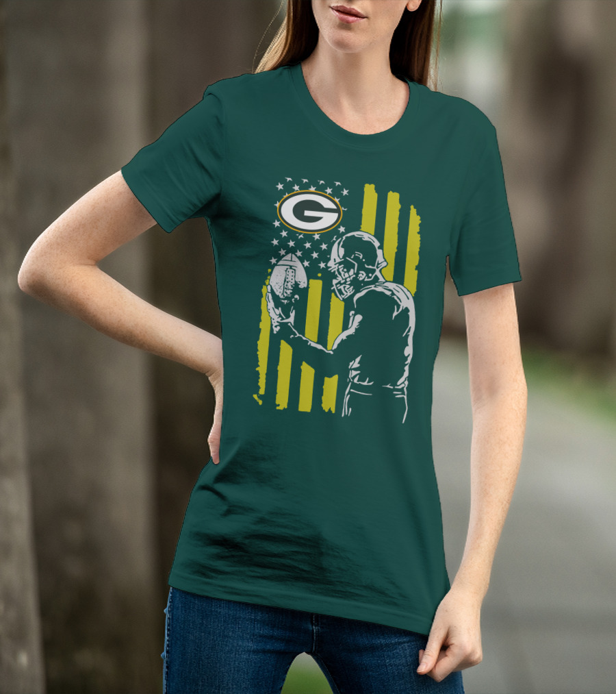 Green Bay Packers Logo And Football Player With American Flag T-Shirt