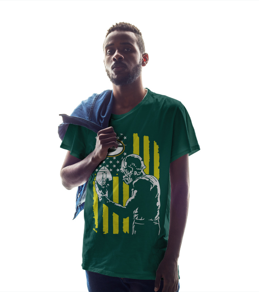 Green Bay Packers Logo And Football Player With American Flag T-Shirt