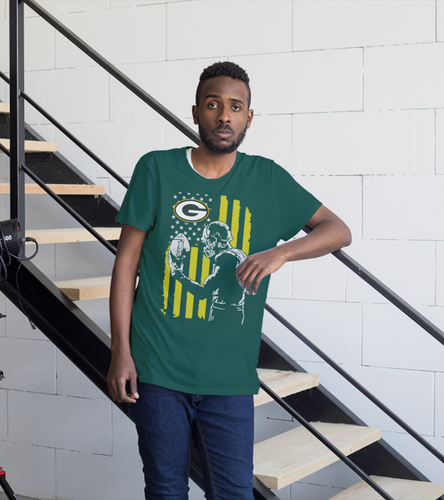 Green Bay Packers Logo And Football Player With American Flag T-Shirt