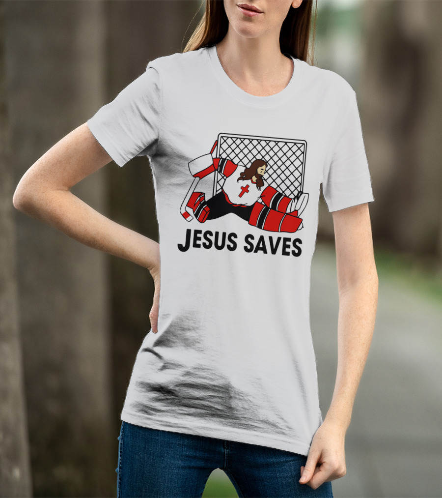 Hockey Jesus Saves Goalkeeper With Cross Motif In Action T-Shirt