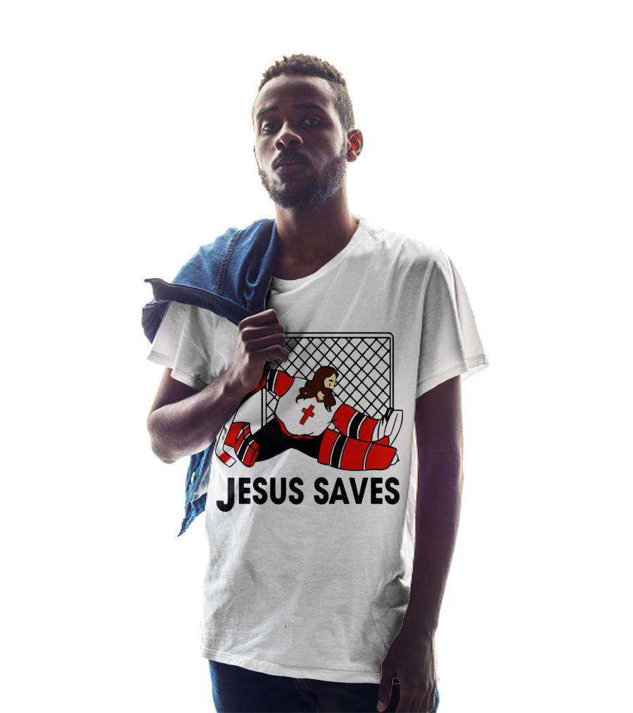 Hockey Jesus Saves Goalkeeper With Cross Motif In Action T-Shirt